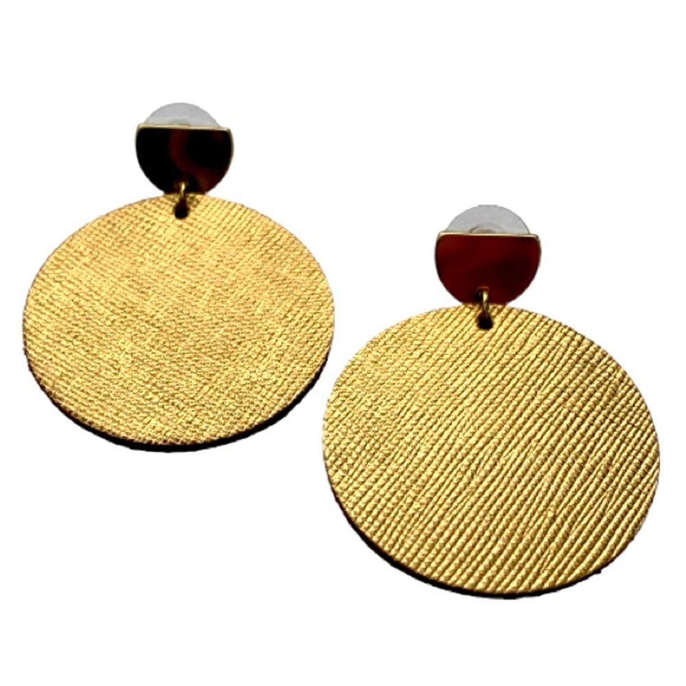 Gold Disc Leather Statement Geometric Drop Earrings